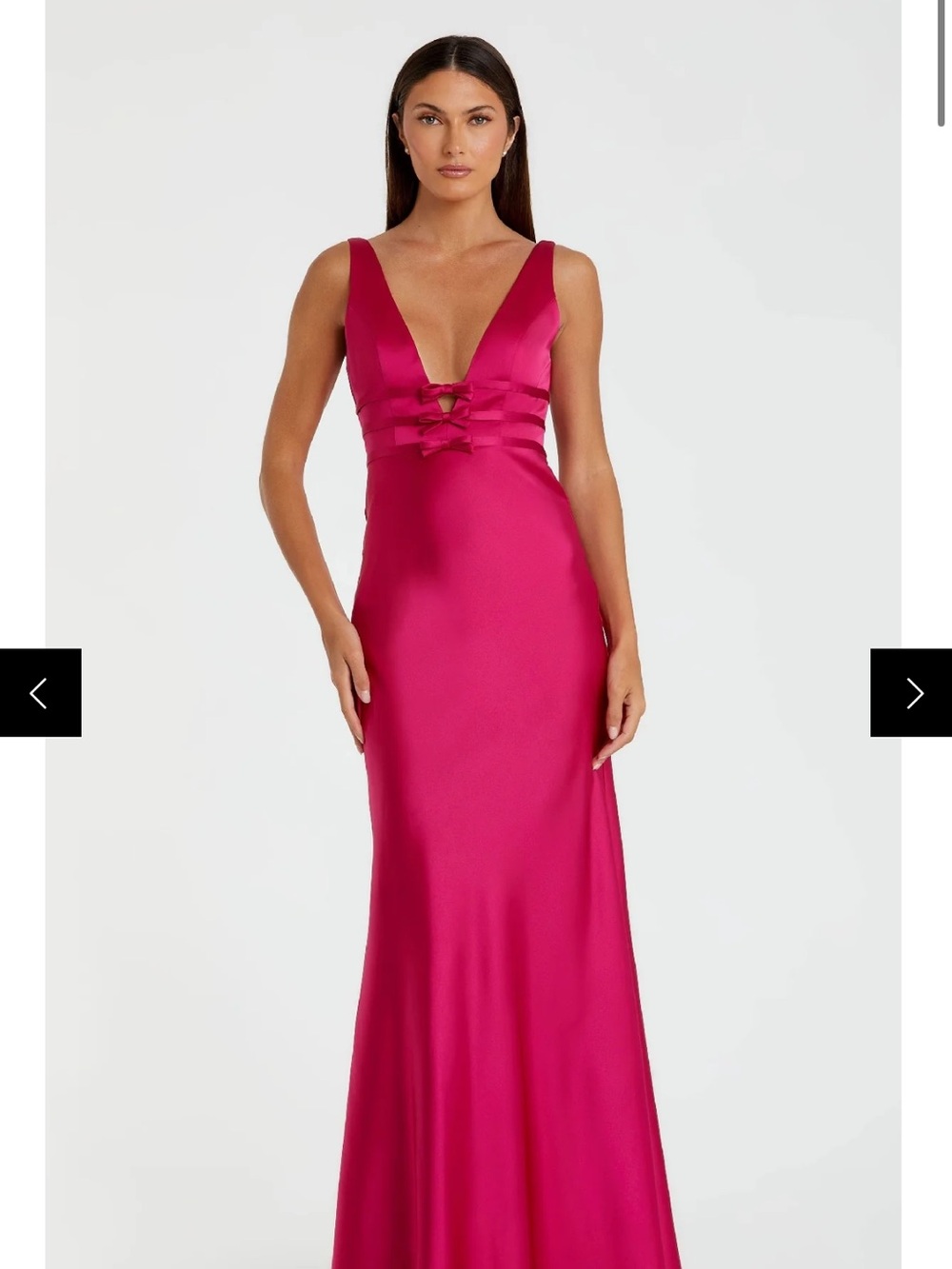 Mac Duggal Fuchsia Satin Maxi Dress with Bow-Detail Plunge Neck